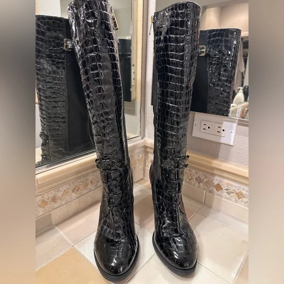 Isaac Mizrahi Black Croc-Embossed Knee-High Boots - Picture 2 of 8